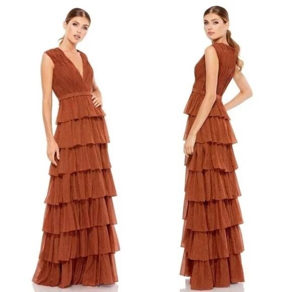 Ienna By Mac Duggal Tiered Column Maxi Gown in Nutmeg Sleeveless Sz. 2 NWT 49287 - Picture 1 of 6